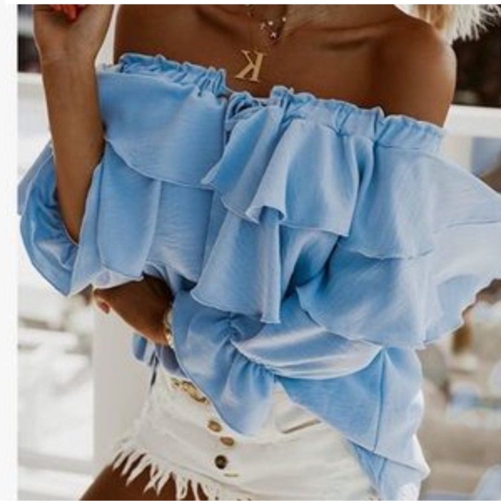 NEW Off Shoulder Ruffle Layered Blouse - Picture 3 of 4